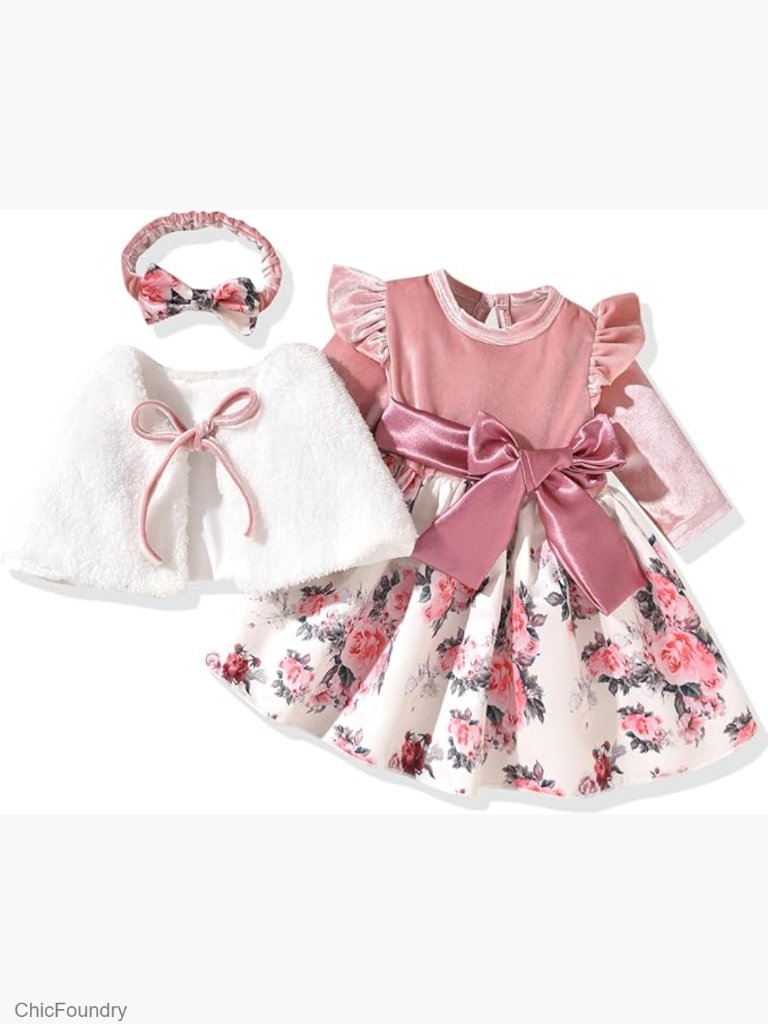 Baby Girls Floral Dress & Velvet Cardigan Set 2-Piece Long Sleeve